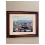 Framed and matted landscape photograph depicting the Ponte Vecchio bridge and the Arno River in Florence, Italy - 21-1/4 x 17-1/4