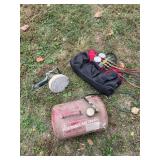 Midwest products, portable air tank (appears to be 2 gallon, ), Ritchie yellow jacket refrigerant gauges, a husky tool bag, and a Black & Decker buffer
