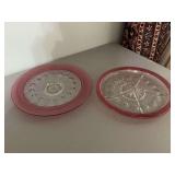 Vintage Tiffin Kings Crown cranberry divided dish 13 1/2 inches and a 14 inch platter .