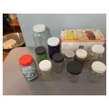 Assortment of canning jars plus a six piece set of golden harvest, glass mugs, new in box. Was in shed.