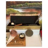 Assortment of miscellaneous items; calligraphy, pen, Ink and stamps, IQ tester game and two souvenir coins