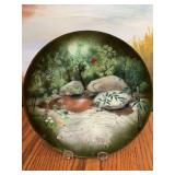 Very pretty 8 1/2 inch enamel on copper decorative plate featuring a woodland nature scene. Possibly Margaret Ratcliff.