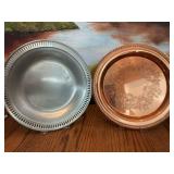 Pewter 10 inch serving tray and a vintage copper 10 inch tray
