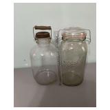 Large ball jar with bail lid and vintage 1 gallon jar with wooden handle