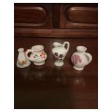 4 porcelain and ceramic miniature vases and pitchers- 1 to 2 inches tall
