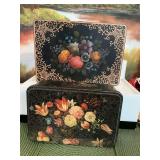 Two vintage black floral tins