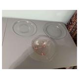 13 inch footed, pink depression etched bowl. Has 1 small chigger-unnoticeable.. and a 14” and 13” clear platter