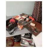Black & Decker drill, Ridgid  orbit sander (no bagger), and a vintage tubular micrometer set in wooden case