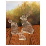 Set of 3 clear pressed glass bunny figurines .2 1/2 inches 4 1/2 inches and 6 1/4 inches