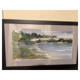 Framed landscape art with sailboats 26 1/2” x 16”