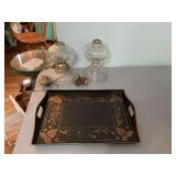 Two vintage or lamp basis and a 17 1/2 x 13” black and gold medal tray
