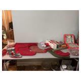 Large grouping of Christmas decor; Tree skirt, stockings, toppers, ornaments and beads