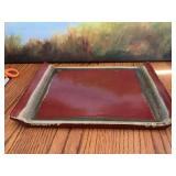 13 1/4“ x 10” Red pottery decorative ceramic brutalistic style tray with drip glaze edge.