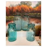 Blue ball jar, number 7 and number 11 with zinc lids with two ball ideal bail lidded jars
