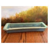 SMP handmade in Tennessee, rectangular pottery planter or tray with light blue and turquoise glaze featuring flair ends￼. 14 1/2” x 4”