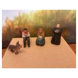 Vintage Swiss black forest, hand carved wood figures; monk, gentleman and woman and wolf. Miniatures.