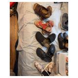 Three pair of ladies Birkenstock size 38 and two pair of size 8; leather Taos and a print slip on shoe