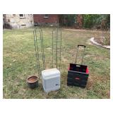 Assortment of miscellaneous; an igloo electric cooler a Rubbermaid collapsible wheeled crate two 4 foot plant trellis and a ceramic pot by 91/2 “ x 8 1/2”