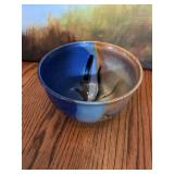 Multicolored stoneware bowl with initials KA on bottom. 6 1/2” x 4 1/4”