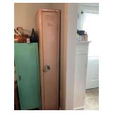 Vintage tan metal locker. Contents included. 12” x 18” x 72”.