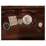 Assortment of miniature picture frames and one stand :the mother of Pearl does not have glass in it and the burgundy is by twos company