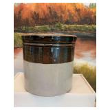 Antique stoneware salt glazed primitive crock, 7 3/4 inch by 7 1/2 inch. Brown and beige