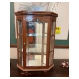 Vintage wood curio display cabinet for miniatures with mirrored back and bottom. 9” x 4 1/2” x 13”