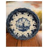 Scalloped edge ceramic Delft blue 9 1/2 inch plate featuring a classic Dutch windmill landscape. Holland.