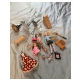 Vintage dolls stands and dollhouse accessories. One antique porcelain doll.