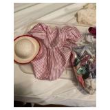 Container of various size doll clothes, and accessories