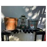 Coleman Lantern, 2 galvanized pails and a vintage wooden pail
