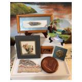 Assortment of miscellaneous decor. Handpainted feather and plate.
