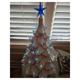Ceramic Christmas tree with blue bulbs and star. 19 in tall including star. One bulb missing as shown.