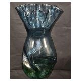 Mid-Century hand-blown art glass vase featuring a transition from a green bubble-infused base to a fluted blue top. Very unique. See all photos. 12 in tall.