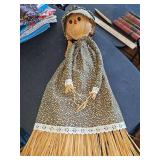 Cute vintage Folk Art handmade broom doll / straw doll. 25 in tall.