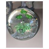 Glass paperweight with frogs and bubbles. 3.25 in tall.
