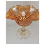 Fenton Peacock and Urn Marigold Carnival Glass Pedestal Dish. 5.25 in tall. Blemish on face appears to be a manufactured defect. See all photos
