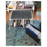 Coated Wire racks and contents. Kitchen utensils, cooling rack, gifts from donations, more
