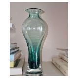 Teal Art Glass pedestal vase. 8.75 in tall.