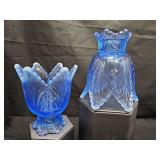 Fenton Art Glass blue opalescent reversible two-way tulip votive and taper candle holder. 4.25 in tall.