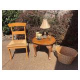 Two Wooden Wicker Chairs 36x20x17”, Wood Side Table 21x26”, Basket and Home Decor Items