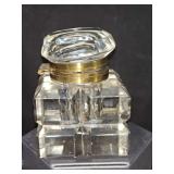Antique crystal and brass inkwell. 2.5 x 2.4 x 3.5 in tall.