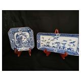 Two blue and white Asian influence trays. 6.5 x 6.5 and 10.75 x5 in tall. Stands not included.