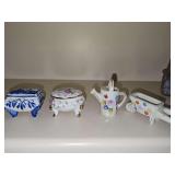 Collectables grouping, Delfts Blue trinket box, Coal Port porcelain bouquet, Lefton China trinket box, and two "made in occupied Japan" pieces.