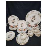 "Royal Bird of Paradise" produced by Epiag Czechoslovakia during the 1920s to 1930s. Set includes FOUR EACH: dinner plate, salad plate, bread plate (small chip), Berry bowl, flat cup, saucer. Total of