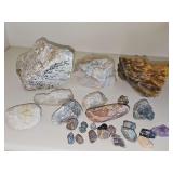 Raw White Quartz Chunk With Mica, Carnelian Waterline Agate, feldspar with dendrites markings, and smaller natural rocks/minerals/gems.