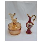 Jeannette Glass Marigold Carnival Glass Fawn Powder Jar from the 1930s-1940s and miniature porcelain pitcher or aiguière made in France.