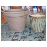 Two pottery planters. Light charcoal color12x10 and teal 8.25x7.5 in tall and metal decorative planter 7.5 in X 7.25 in tall.