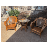 Vintage Coastal Hollywood Regency Woven Rattan Spider Web Lounge Chairs and Glass Top Table
