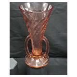 Imperial Glass pink depression glass two-handled trumpet vase. 8 in tall. C. 1928